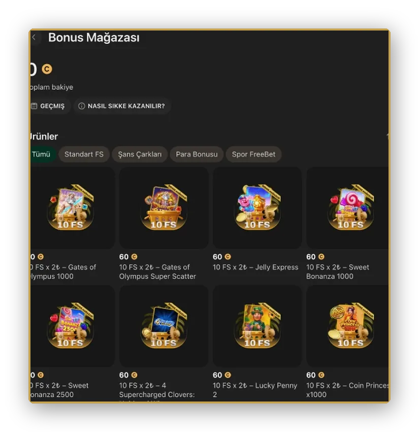 Üstte jeton sayacı ve slot karolarına bağlı free spin fırsatları olan puan mağazası görünümü