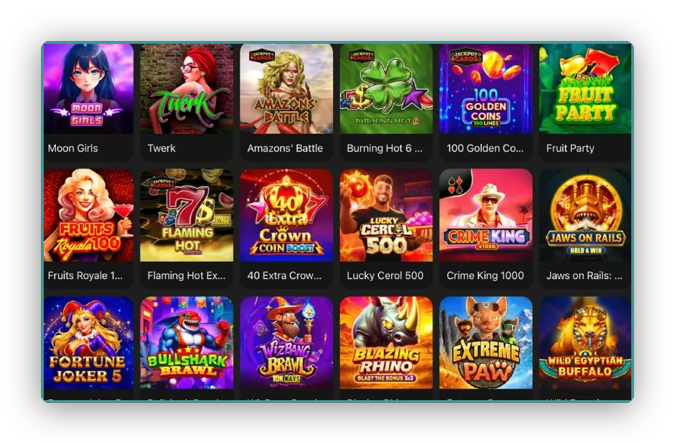 Moon Girls ve Fruit Party gibi parlak kapaklarla karo biçimindeki slot kataloğu görünümü