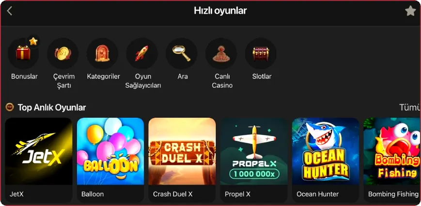 Ansicht eines Schnellspiel-Regals mit den Covern von JetX, Balloon, Crash Duel X und Propeller
