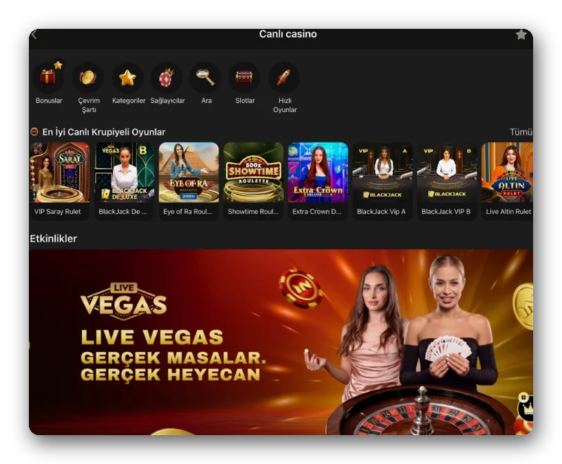 Live dealer hall View of the live dealer hall: a ranked list of leading live titles beside a promotional strip