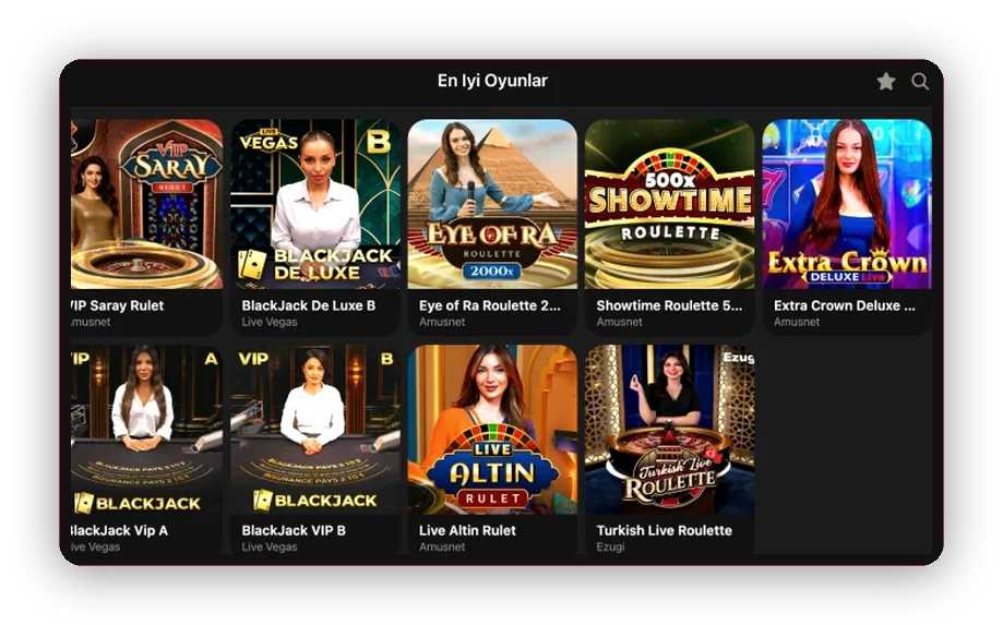 VIP Saray Rulet, Showtime Roulette ve Eye of Ra dahil ızgara düzenindeki canlı masalar görünümü