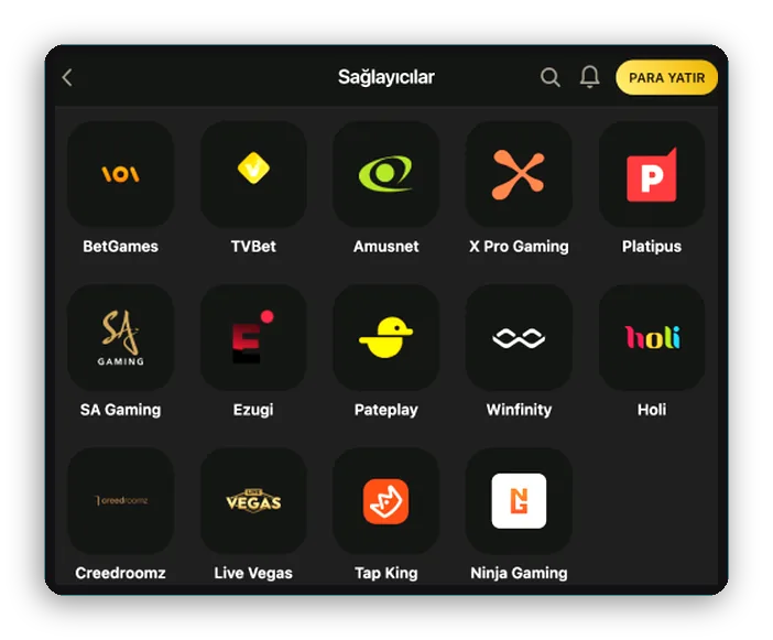 BetGames, Amusnet, Ezugi ve Tap King logolarını karolarda gösteren stüdyo dizini görünümü