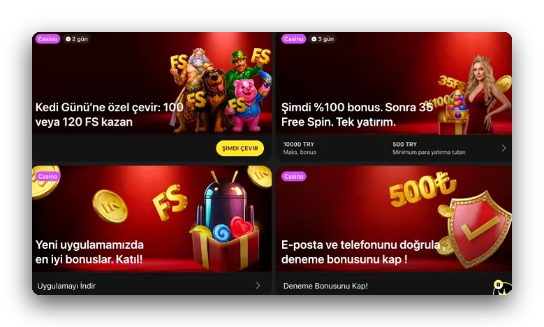 Angebotskacheln Ansicht von vier Kacheln: Dreh-Event, Aufladebonus, App-Deal und Testgeschenk