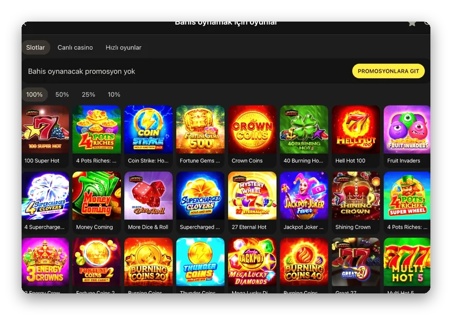 Bonus çevrimi için uygun slot listesi görünümü: %100, %50, %25 ve %10 katkı filtreleriyle daraltılmış