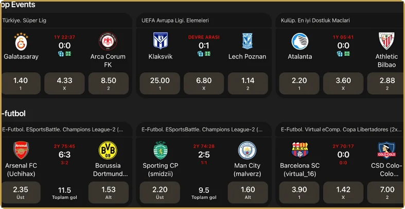 View of a featured fixtures list with football games and three-way 1 X 2 odds beside each