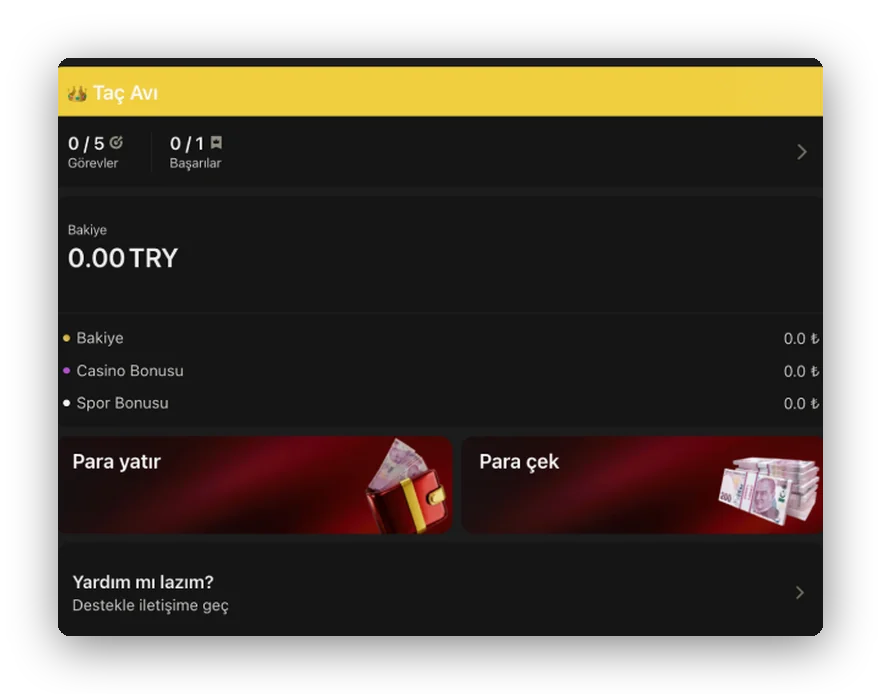 Ansicht des Kontostand-Bereichs mit Buttons zum Aufladen und Auszahlen sowie Zähler offener Aufgaben
