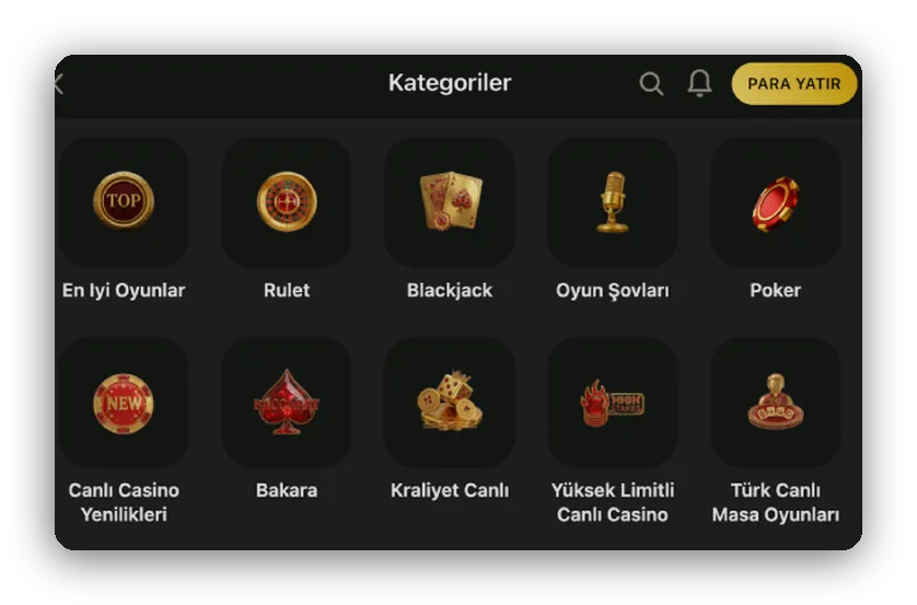 Table game menu View of the table game menu with small icons for roulette, blackjack, game shows and poker