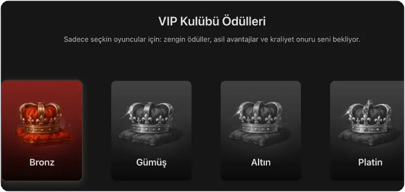 View of the loyalty rewards page with four crown cards for Bronze, Silver, Gold and Platinum tiers