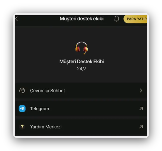 Yardım menüsü Canlı sohbet girişi, Telegram bağlantısı ve bilgi bankası sayfası sunan yardım menüsü görünümü