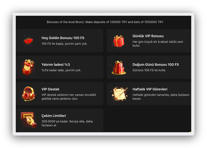 View of the entry-tier perks list, each line marked with a present, headset or banknote icon