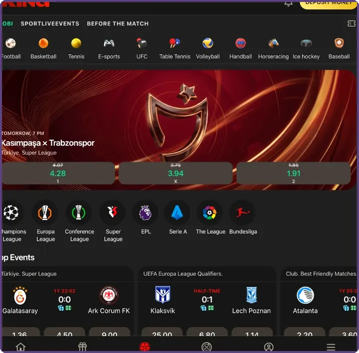 View of the sportsbook start page: one live football fixture card above a strip of sport icons