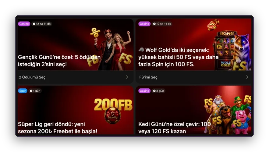 Koyu arka planda free spin ve cashback fırsatlarını bir araya getiren dört teklif karosu görünümü